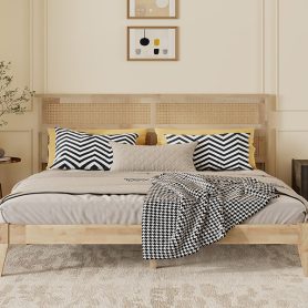King Size Solid Wood Bed with Rattan Headboard 47 King Size Solid Wood Bed with Rattan Headboard