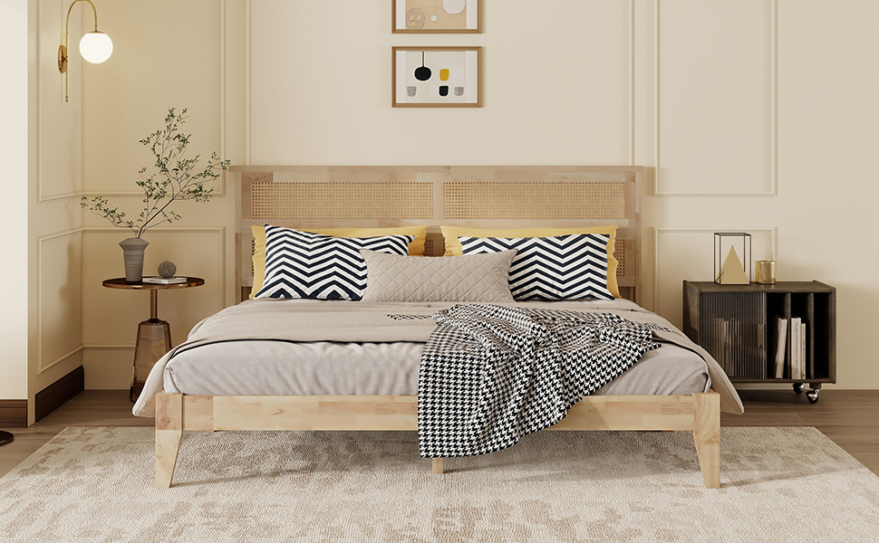 King Size Solid Wood Bed with Rattan Headboard 21 King Size Solid Wood Bed with Rattan Headboard