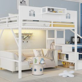 Metal Queen Loft Bed With High And House Shaped Guardrails, Stairs and Wardrobe