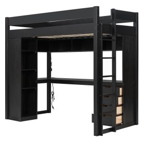 Twin Size Solid Wood Loft Bed with L-Shaped Desk and 4 Drawers