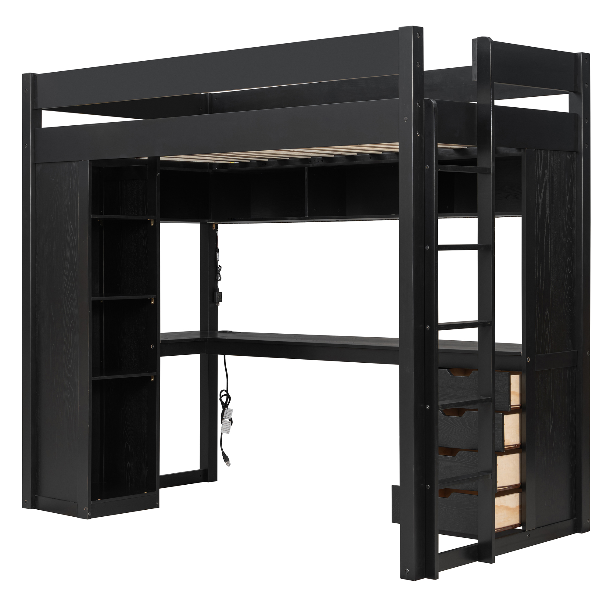 Twin Size Solid Wood Loft Bed with L-Shaped Desk and 4 Drawers