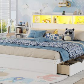 Wood King Bed with Drawers, Headboard And Pull Out Storage Cabinet