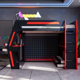 Full Size Gaming Loft Bed with Integrated Desk, Smart RGB LED Lights and USB Ports