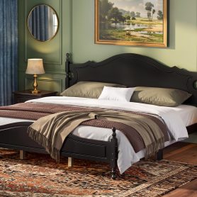 Retro Style Wooden Platform Bed with Wood Slats Support