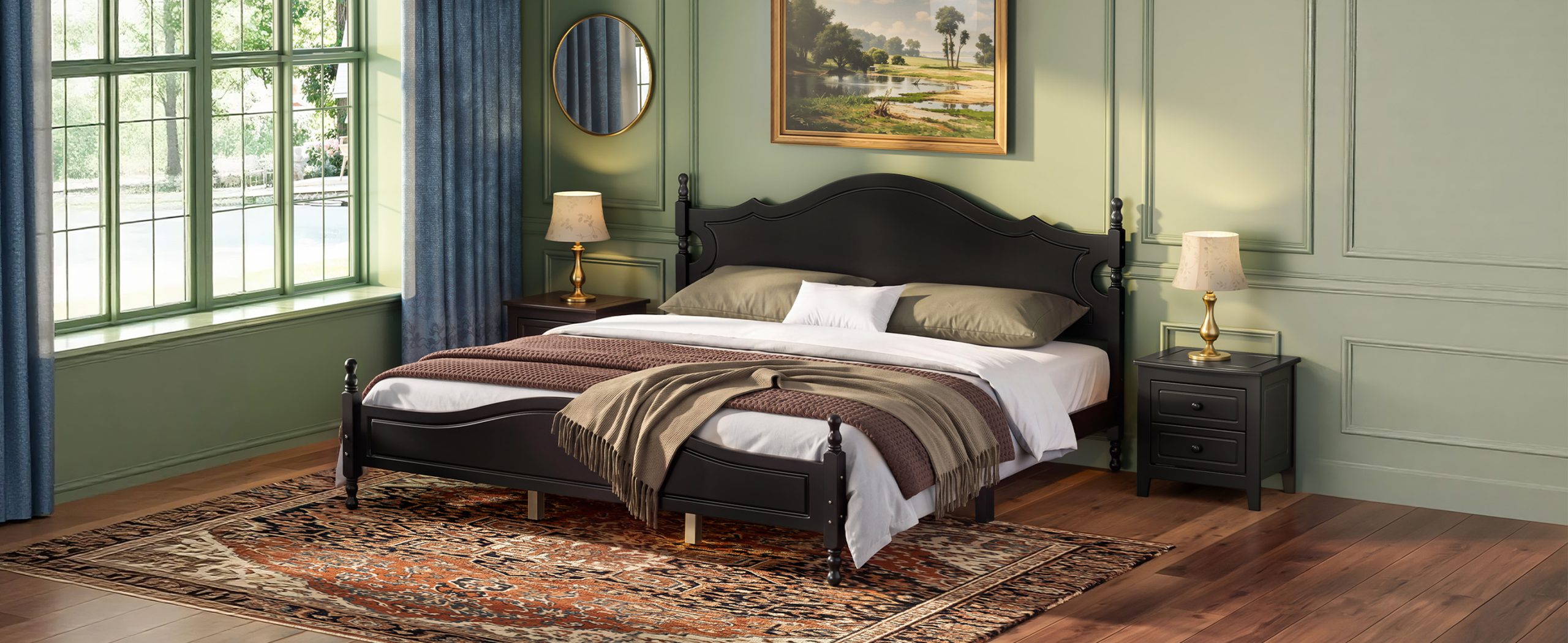 Retro Style Wooden Platform Bed with Wood Slats Support