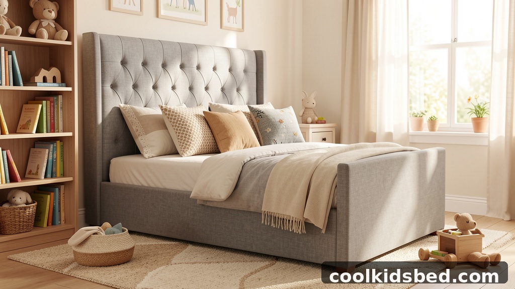 Upholstered daybed in a cozy kids bedroom with tufted fabric and throw pillows