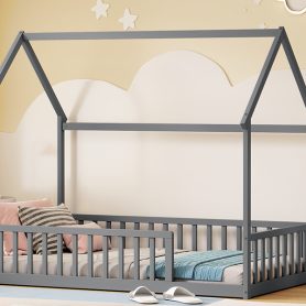 Twin Size House Floor Bed With Roof Frame and Safety Guardrails