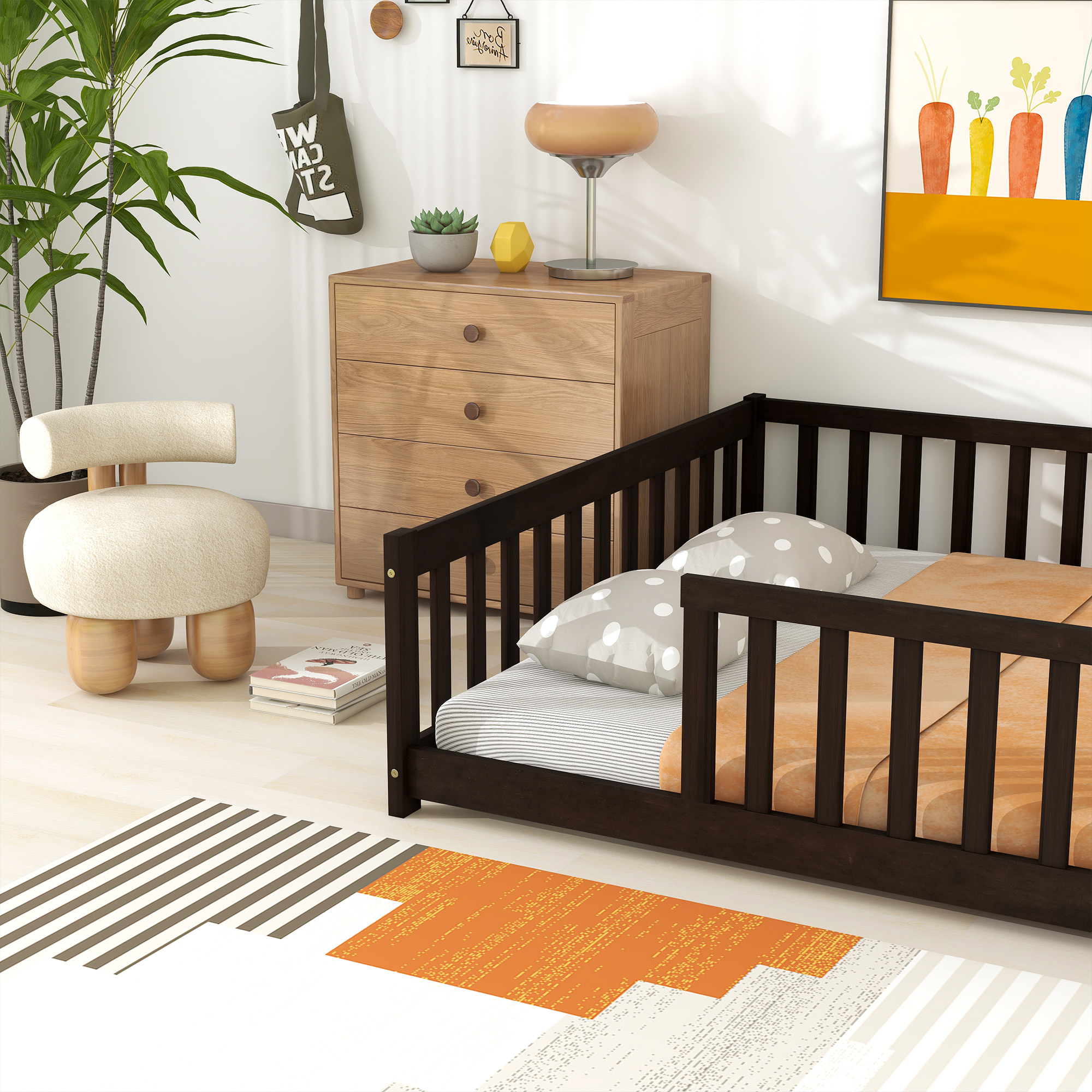 Rubber Wood Full Size Floor Bed with Fence without Door