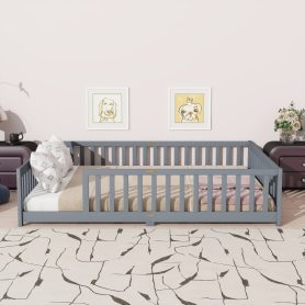 Rubber Wood Queen Size Floor Bed with Fence without Door