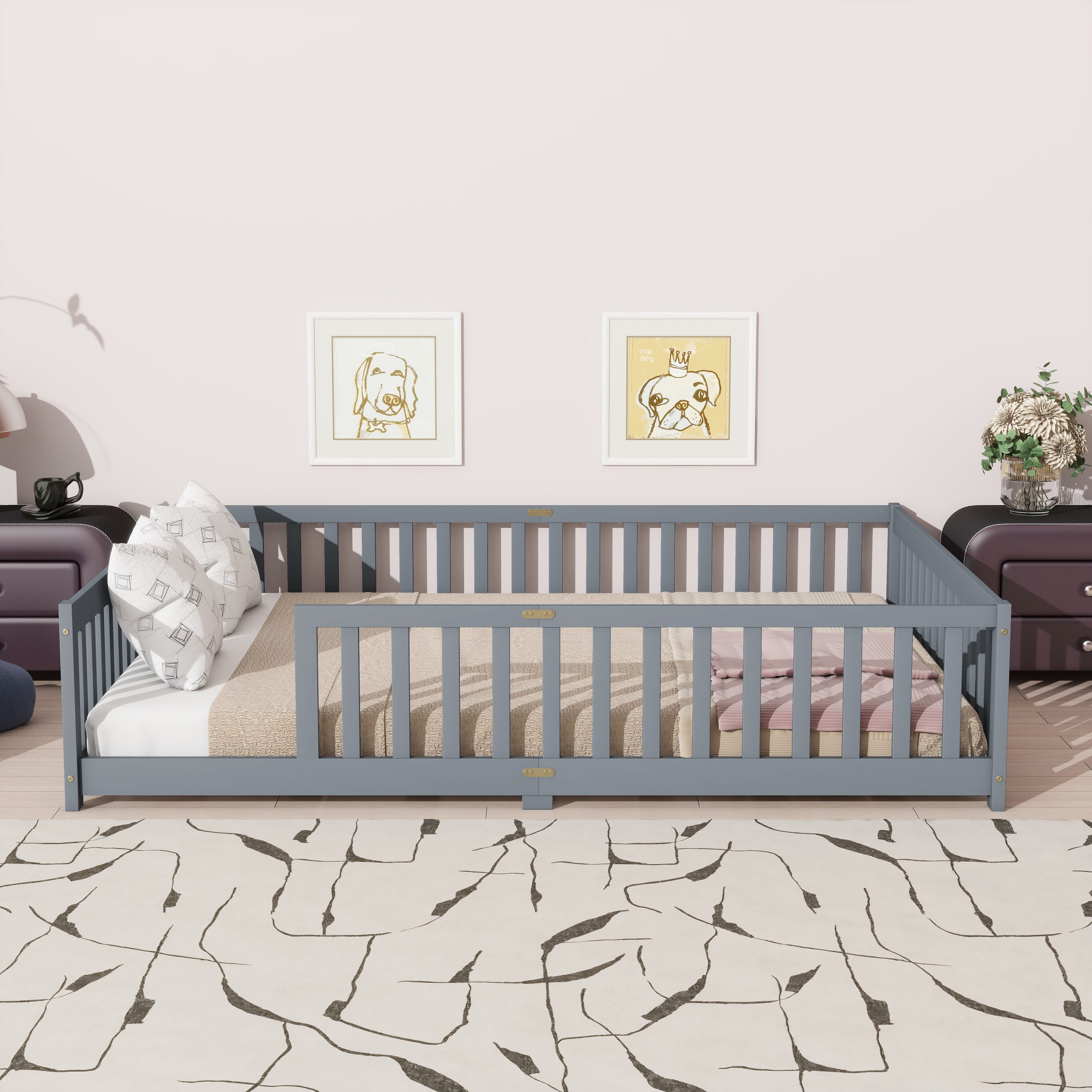 Rubber Wood Queen Size Floor Bed with Fence without Door