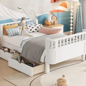Wood Low Profile Twin Bed with Rails and Drawers