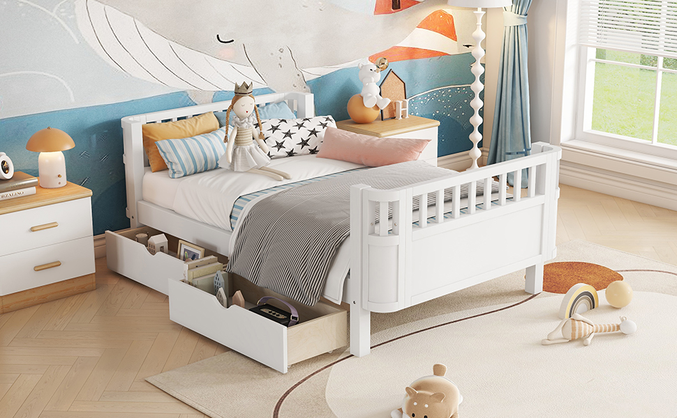 Wood Low Profile Twin Bed with Rails and Drawers