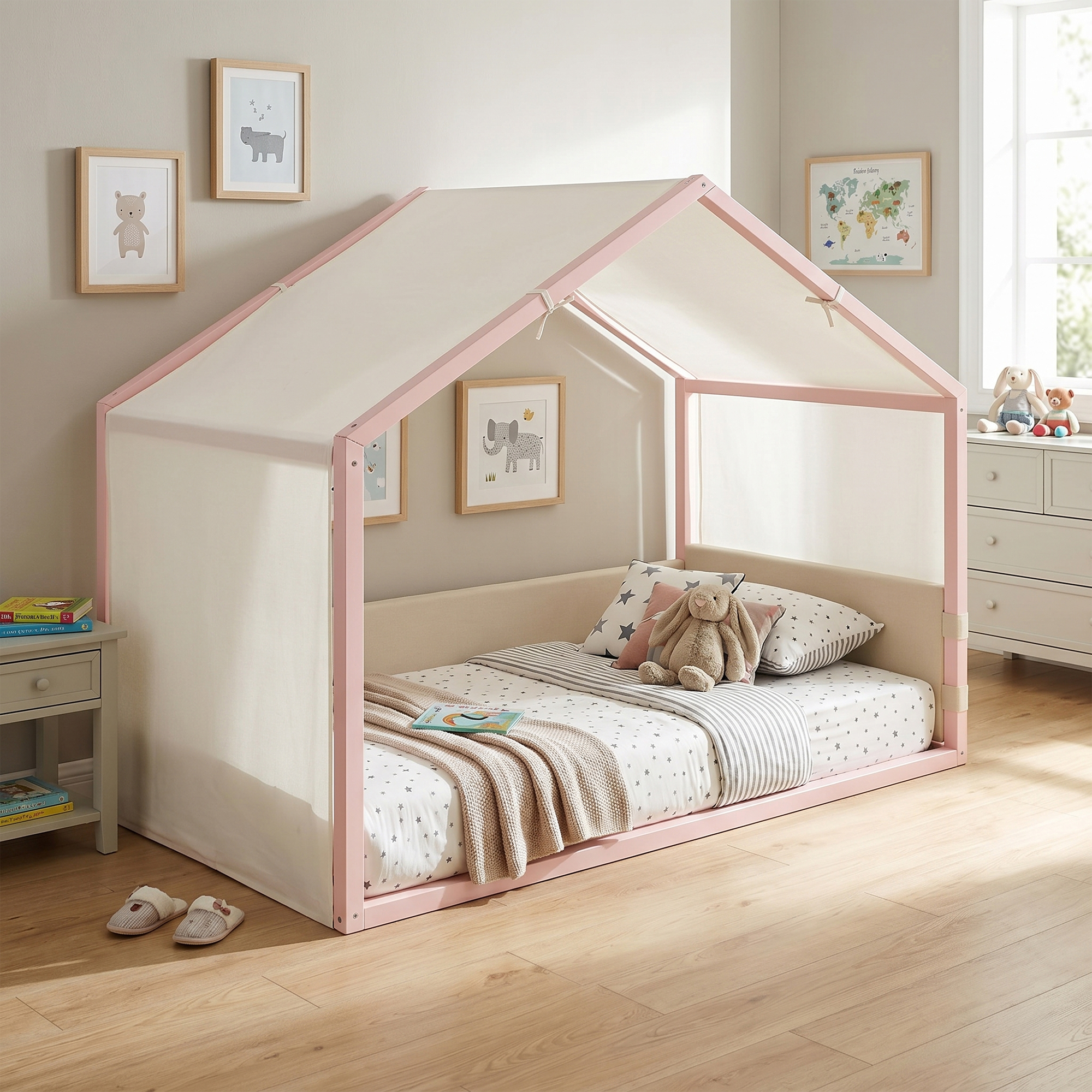 Twin Size Canopy Bed with Upholstered Velvet Side Panels
