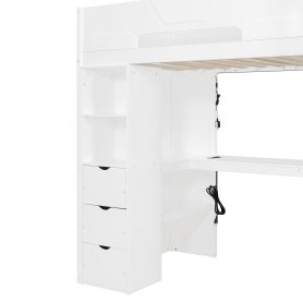 Twin Size Wooden Gaming Loft Bed with U-Shaped Desk, Smart RGB LED Lights and USB Ports
