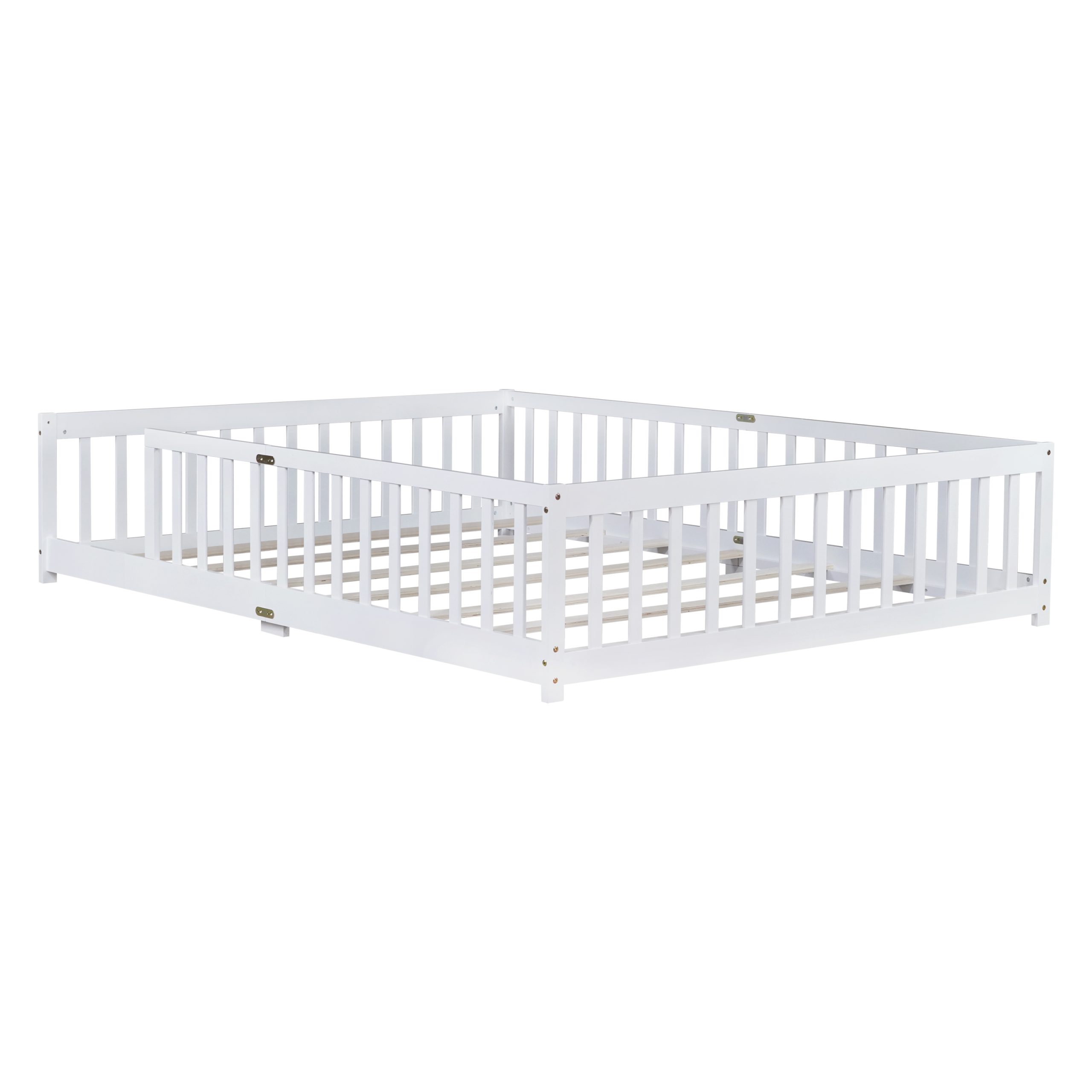 Rubber Wood Queen Size Floor Bed with Fence without Door