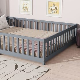 Rubber Wood Queen Size Floor Bed with Fence without Door
