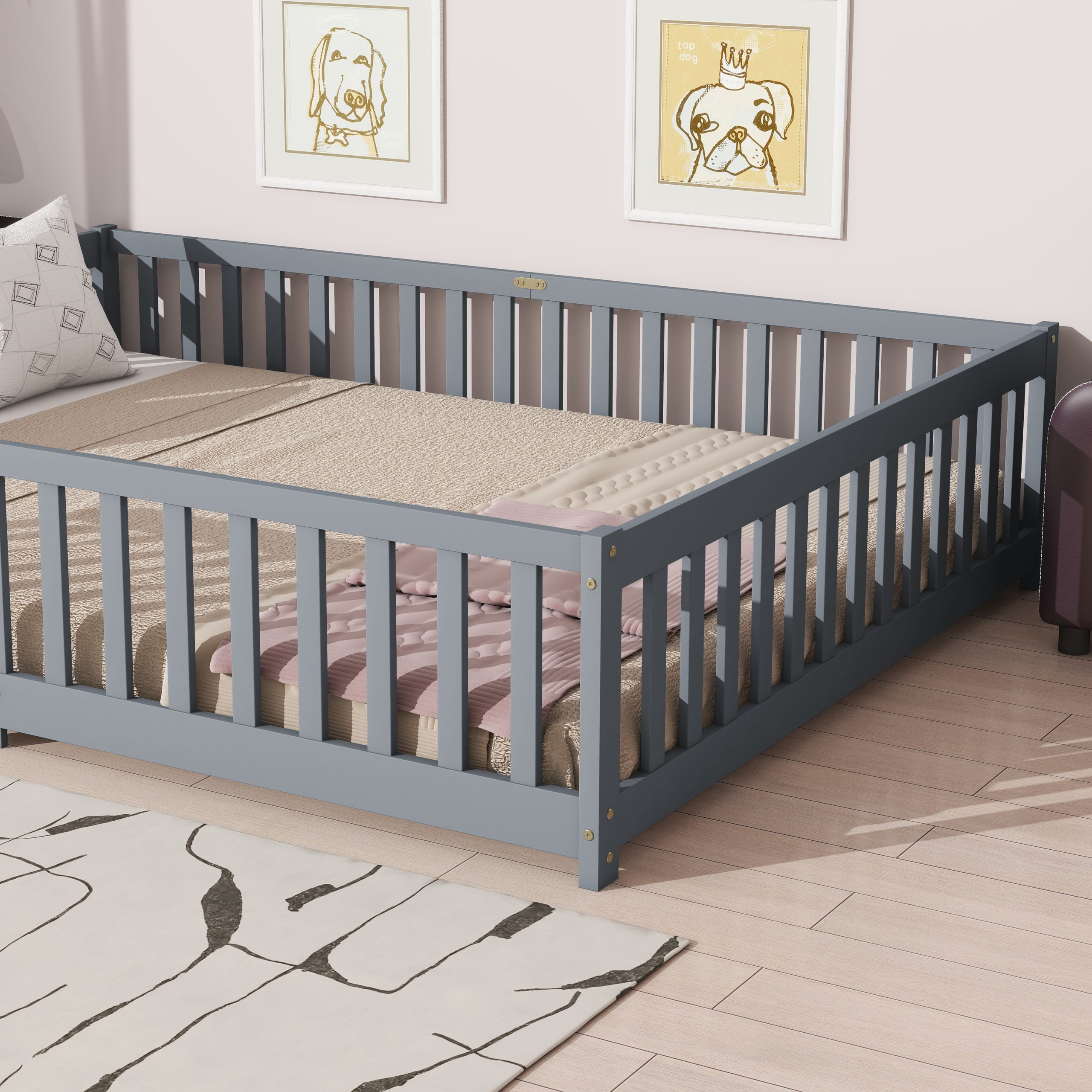Rubber Wood Queen Size Floor Bed with Fence without Door