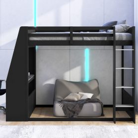 Full Size Wooden Gaming Bunk Bed with Desk,Two Storage Shelves,USB and LED Light