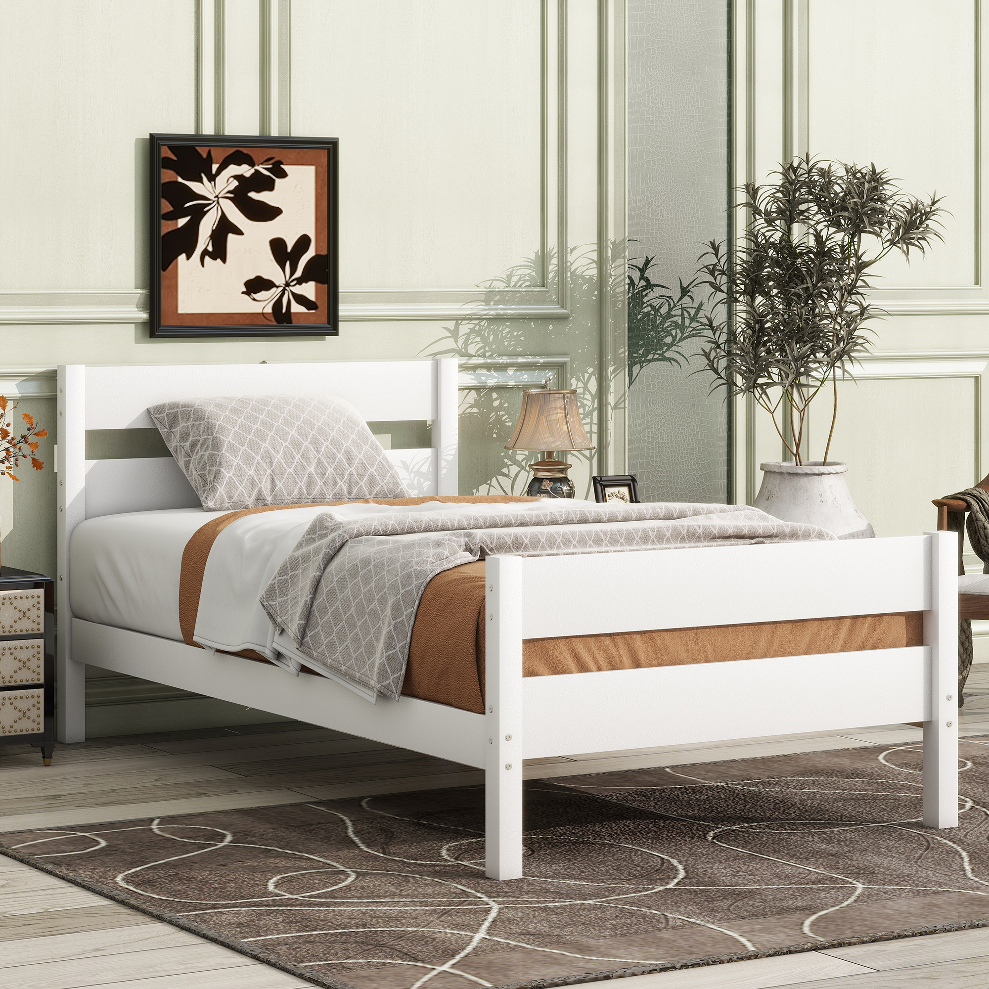 Rubber Wood Twin Platform Bed With Headboard