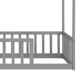 Twin Size House Floor Bed With Roof Frame and Safety Guardrails