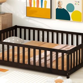 Rubber Wood Full Size Floor Bed with Fence without Door