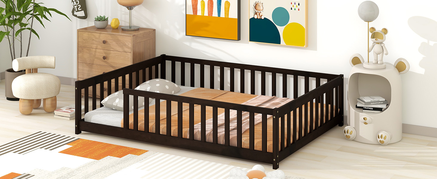 Rubber Wood Full Size Floor Bed with Fence without Door