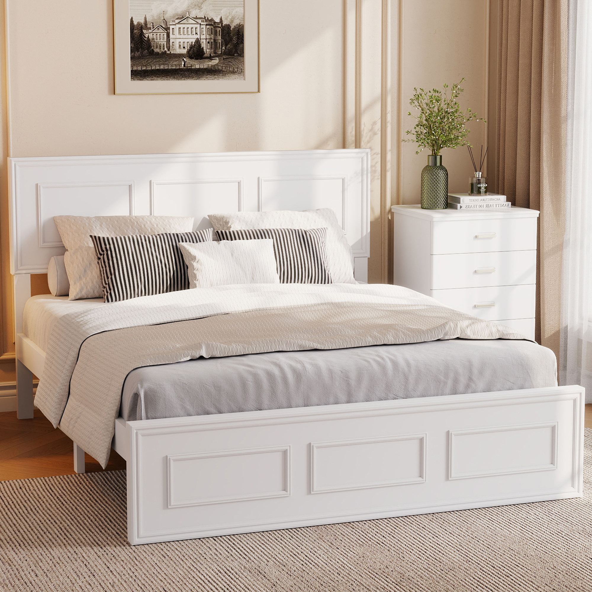 Pine Wood Full Size Bed with Adjustable Height Headboard