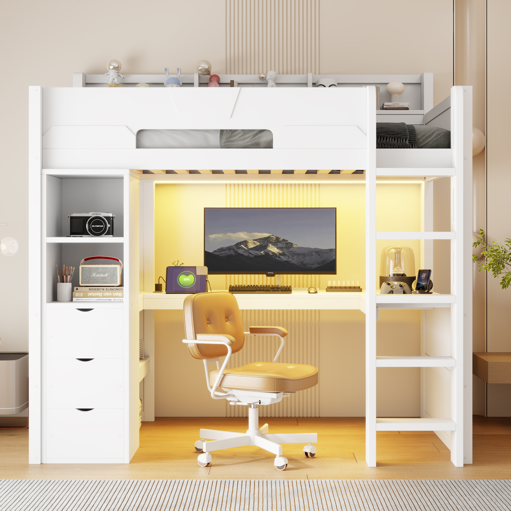 Twin Size Wooden Gaming Loft Bed with U-Shaped Desk, Smart RGB LED Lights and USB Ports