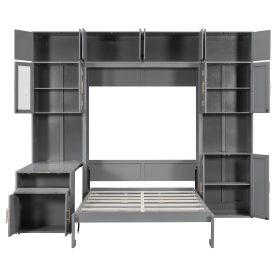 Full Size Murphy Bed With Storage Cabinets, Desk And Glass-door Hutch, USB & Power Outlet, LED Lighted Shelves