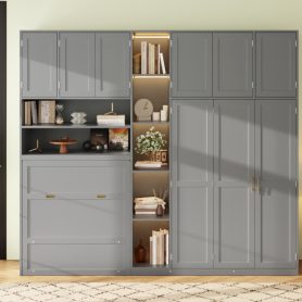 Twin Size Murphy Cabinet Bed With Wardrobe & Storage Shelves, 5-Tier LED Display Shelves, Overhead Cabinets