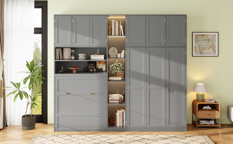 Twin Size Murphy Cabinet Bed With Wardrobe & Storage Shelves, 5-Tier LED Display Shelves, Overhead Cabinets