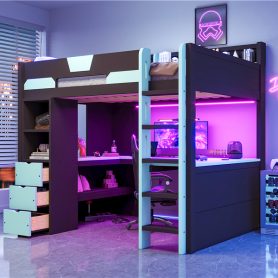 Full Size Wooden Gaming Loft Bed with U-Shaped Desk, Smart RGB LED Lights and USB Ports