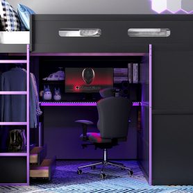 Wood Full Size Loft Bed with Desk, Multi-Storage Shelves and RGB Light