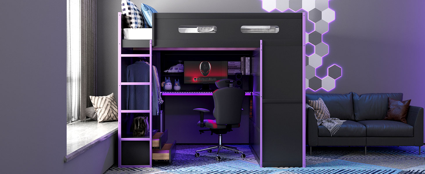 Wood Full Size Loft Bed with Desk, Multi-Storage Shelves and RGB Light