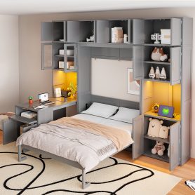 Full Size Murphy Bed With Storage Cabinets, Desk And Glass-door Hutch, USB & Power Outlet, LED Lighted Shelves