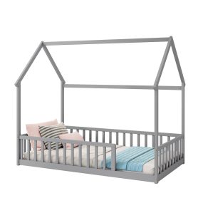 Twin Size House Floor Bed With Roof Frame and Safety Guardrails