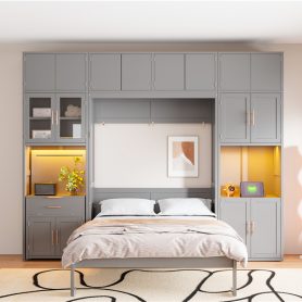 Full Size Murphy Bed With Storage Cabinets, Desk And Glass-door Hutch, USB & Power Outlet, LED Lighted Shelves