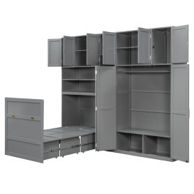 Twin Size Murphy Cabinet Bed With Wardrobe & Storage Shelves, 5-Tier LED Display Shelves, Overhead Cabinets