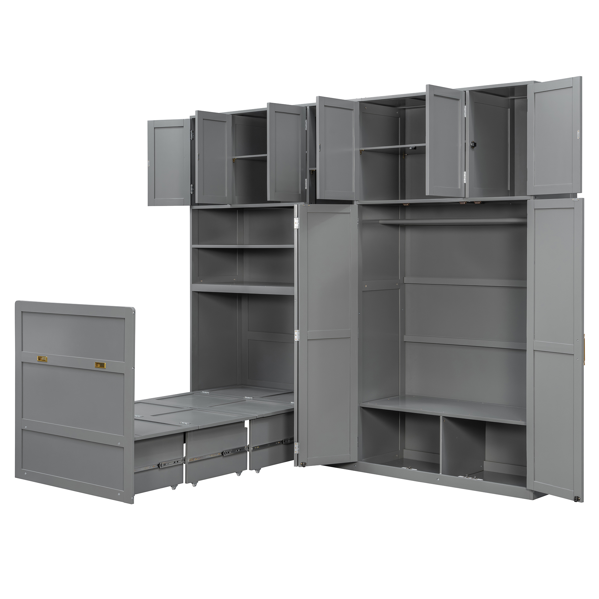 Twin Size Murphy Cabinet Bed With Wardrobe & Storage Shelves, 5-Tier LED Display Shelves, Overhead Cabinets
