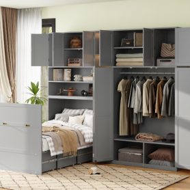 Twin Size Murphy Cabinet Bed With Wardrobe & Storage Shelves, 5-Tier LED Display Shelves, Overhead Cabinets