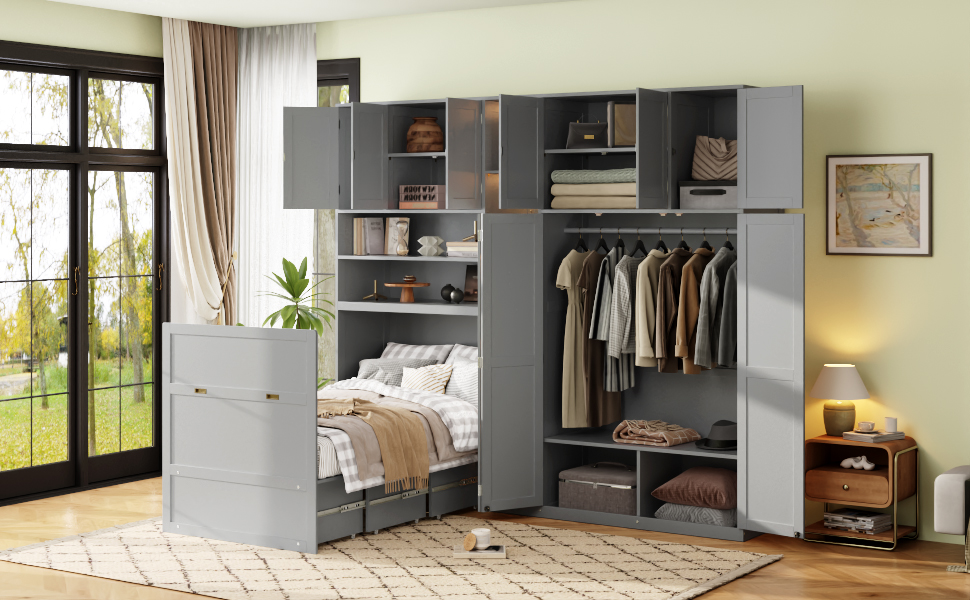 Twin Size Murphy Cabinet Bed With Wardrobe & Storage Shelves, 5-Tier LED Display Shelves, Overhead Cabinets