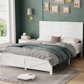 Farmhouse Style Queen Size Bed with Barn Door Designed Headboard and Footboard