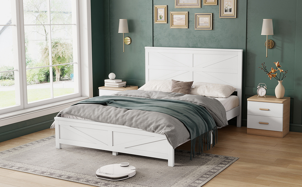Farmhouse Style Queen Size Bed with Barn Door Designed Headboard and Footboard
