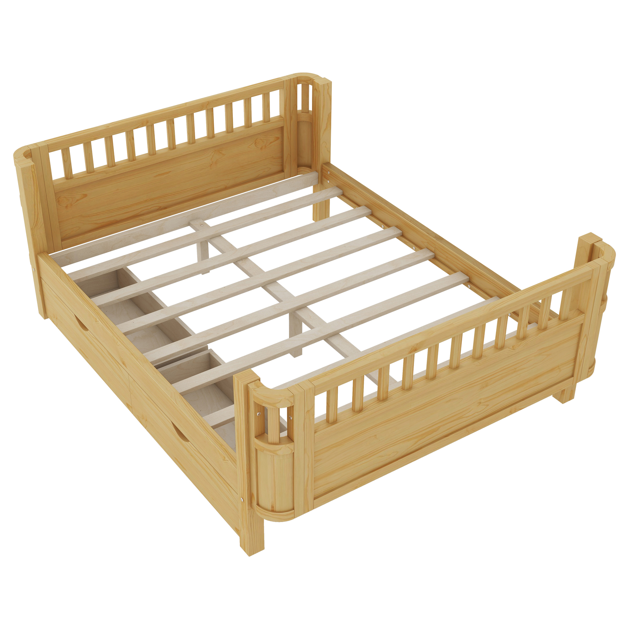 Wood Low Profile Full Bed with Rails and Drawers
