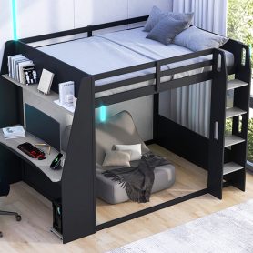 Full Size Wooden Gaming Bunk Bed with Desk,Two Storage Shelves,USB and LED Light