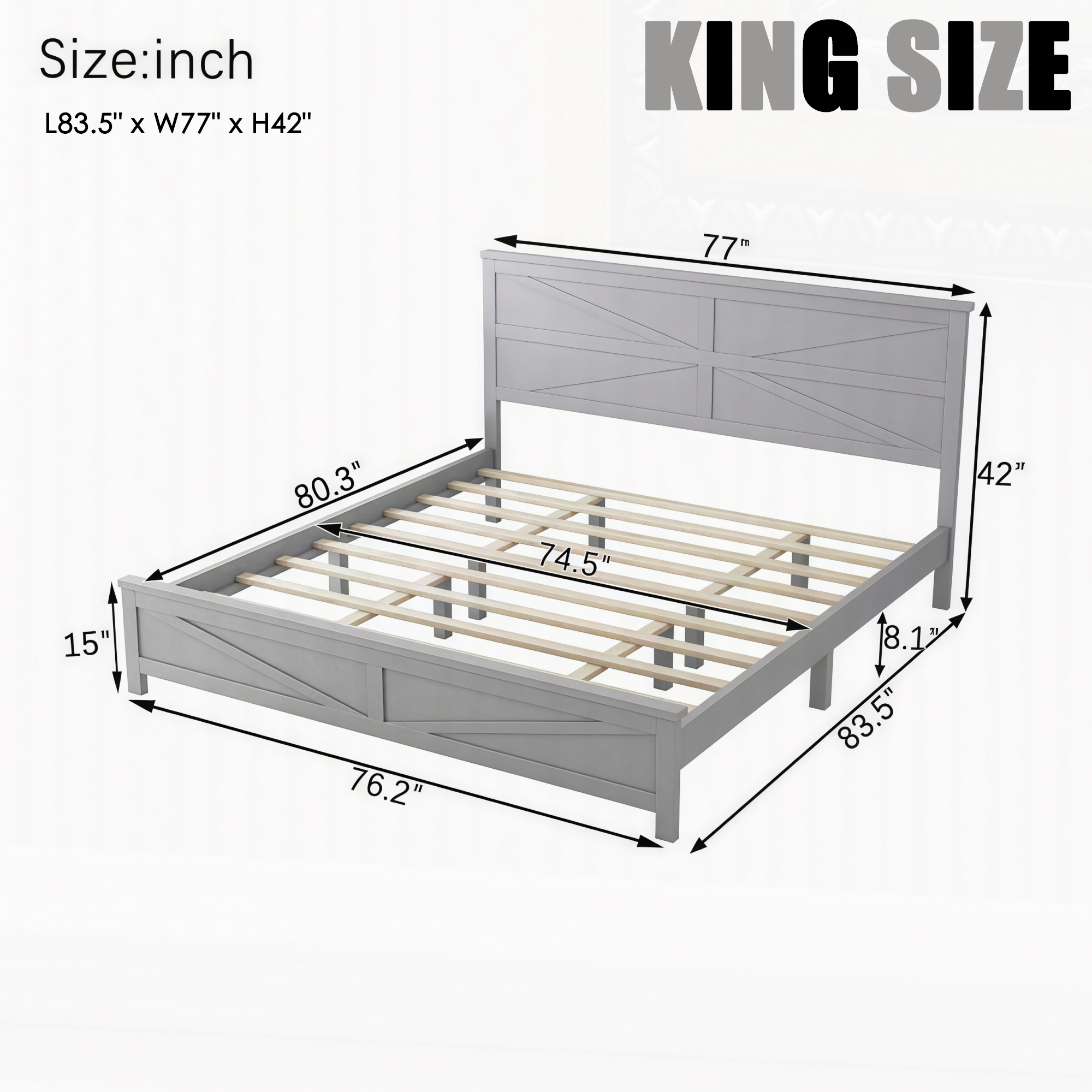 Farmhouse Style King Size Bed with Barn Door Designed Headboard and Footboard