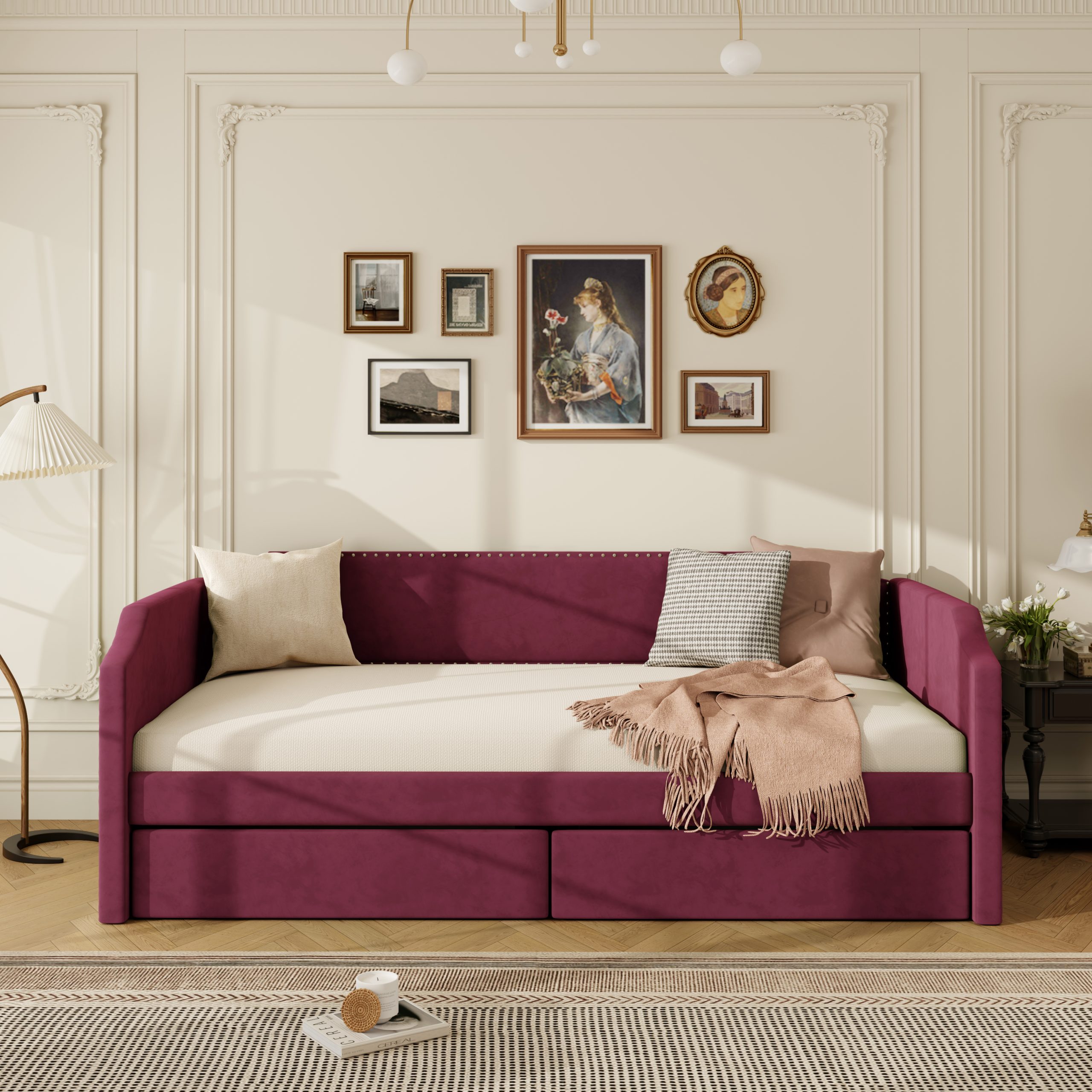Twin Size Velvet Upholstered Daybed with 2 Drawers