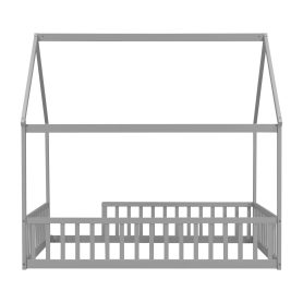 Full Size House Floor Bed With Roof Frame and Safety Guardrails