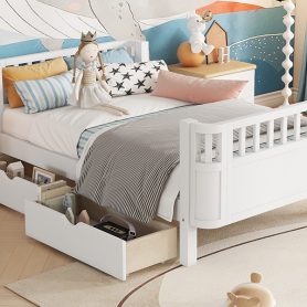 Wood Low Profile Twin Bed with Rails and Drawers