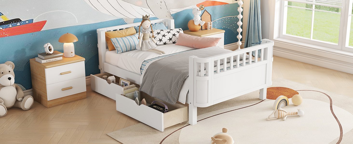 Wood Low Profile Twin Bed with Rails and Drawers